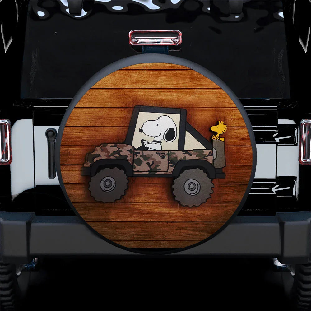 Snoopy Jeep Wood Car Leather Spare Tire Cover - PersonalizedFury