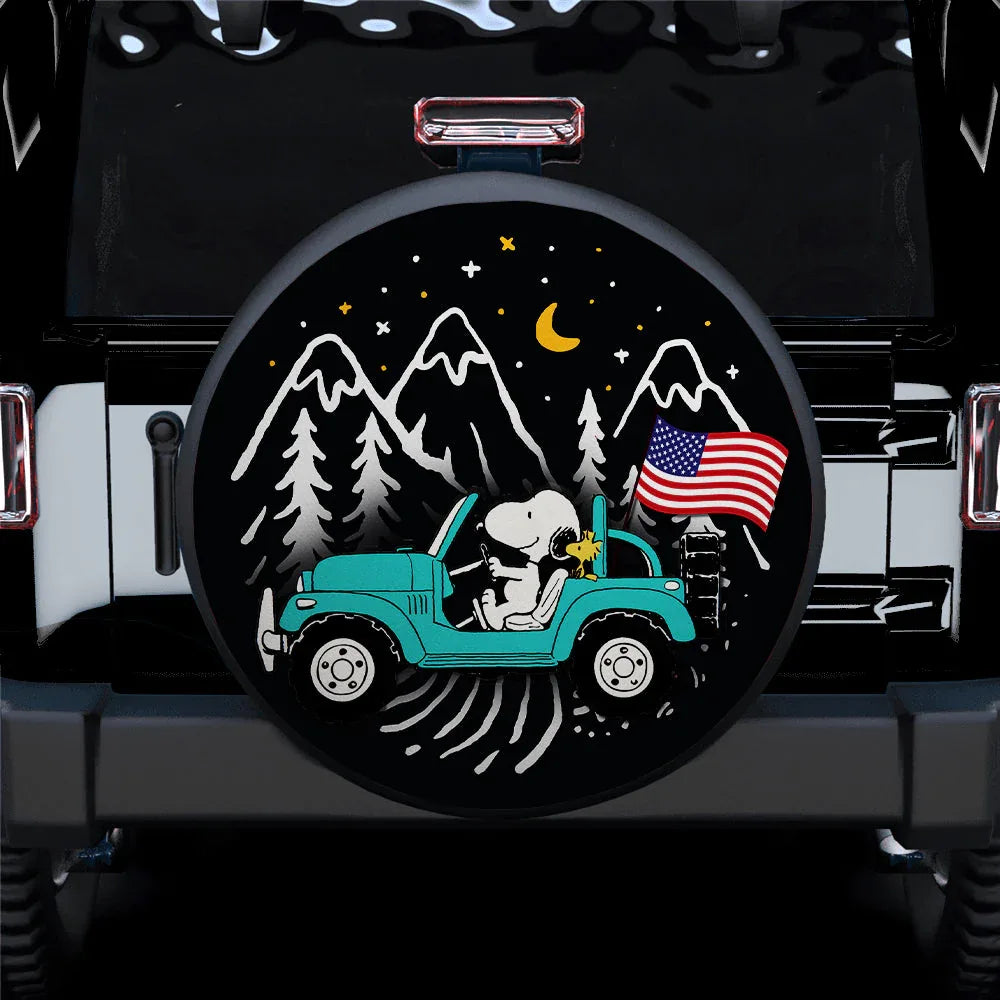Snoopy Mint Jeep US Flag Mountain Car Leather Spare Tire Cover - PersonalizedFury