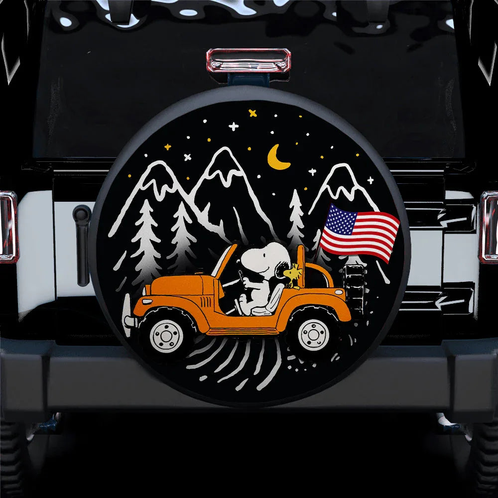 Snoopy Orange Jeep US Flag Mountain Car Leather Spare Tire Cover - PersonalizedFury