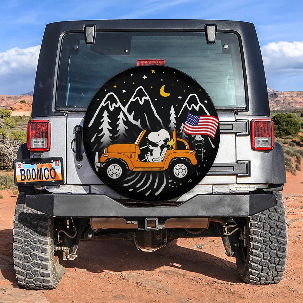 Snoopy Orange Jeep US Flag Mountain Car Leather Spare Tire Cover - PersonalizedFury