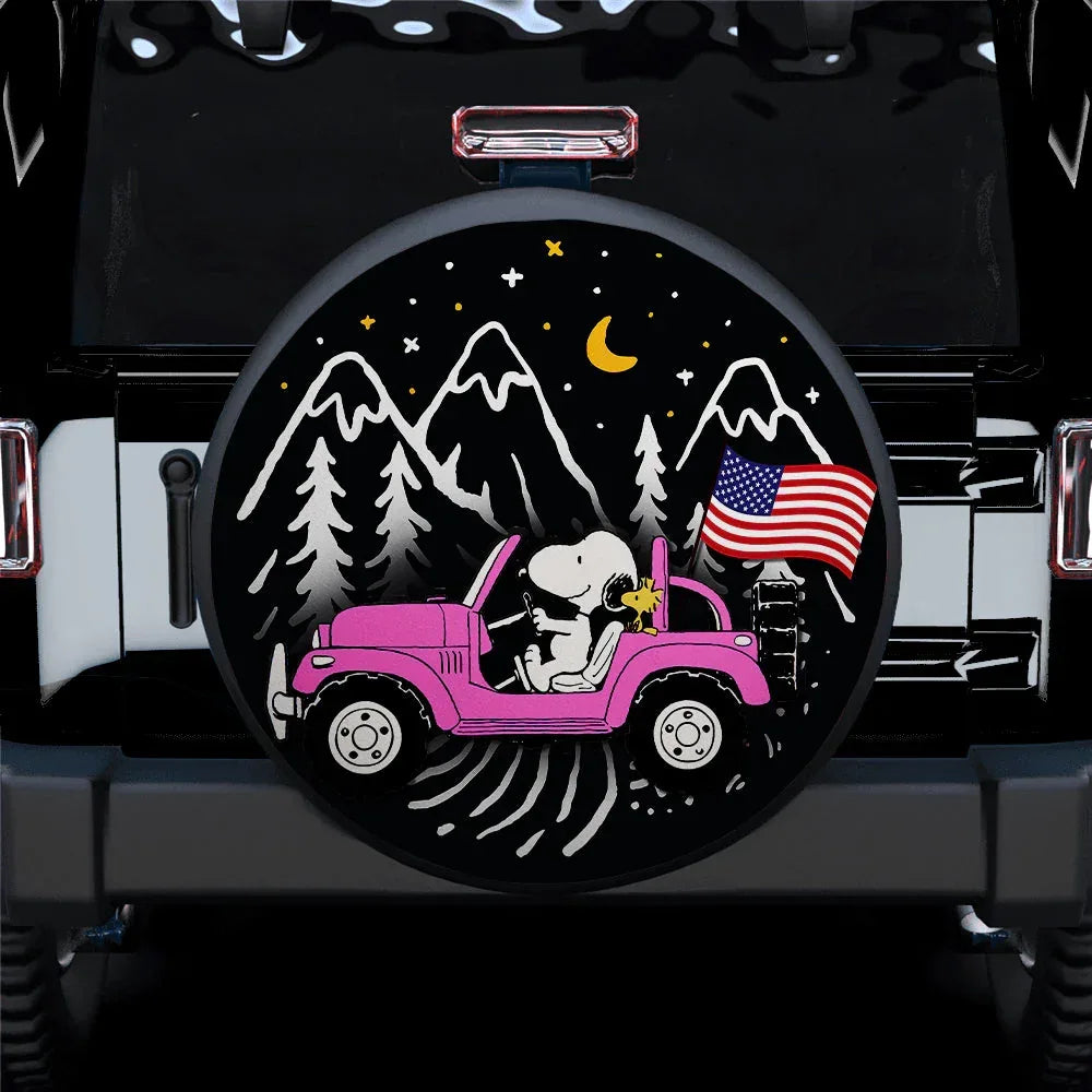 Snoopy Pink Jeep US Flag Mountain Car Leather Spare Tire Cover - PersonalizedFury