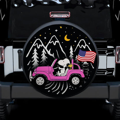 Snoopy Pink Jeep US Flag Mountain Car Leather Spare Tire Cover - PersonalizedFury
