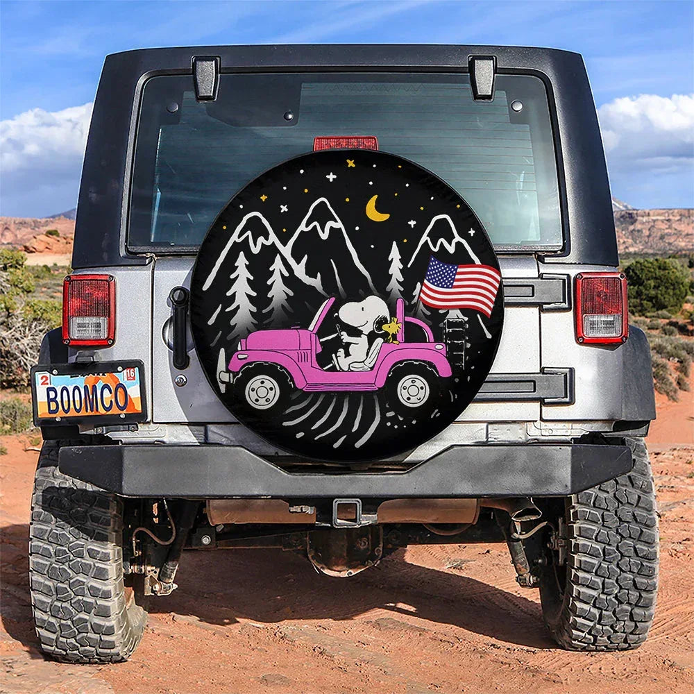 Snoopy Pink Jeep US Flag Mountain Car Leather Spare Tire Cover - PersonalizedFury
