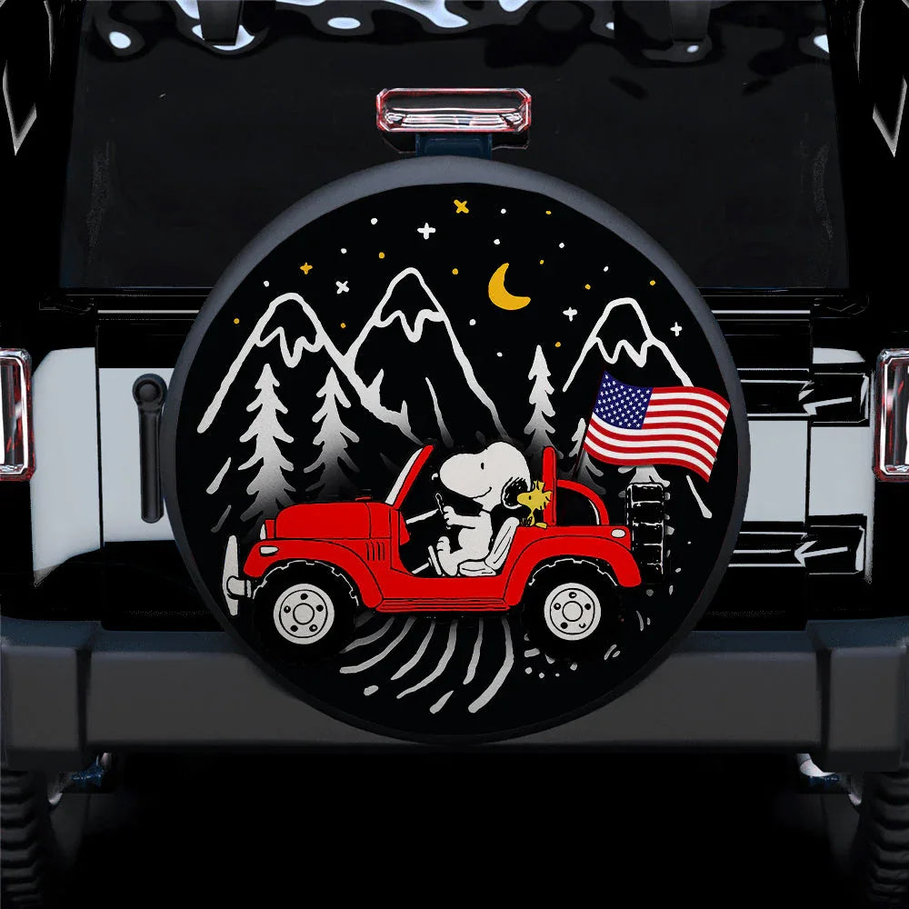 Snoopy Red Jeep US Flag Mountain Car Leather Spare Tire Cover - PersonalizedFury