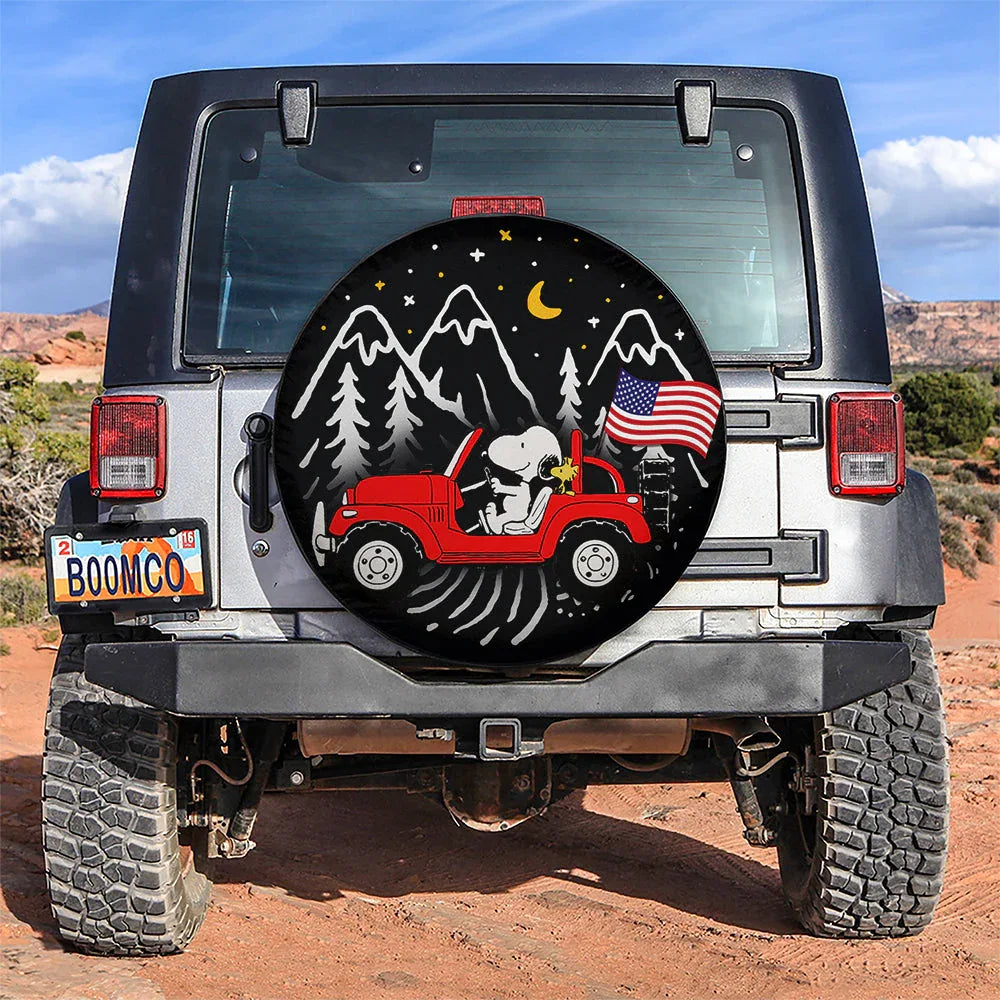 Snoopy Red Jeep US Flag Mountain Car Leather Spare Tire Cover - PersonalizedFury