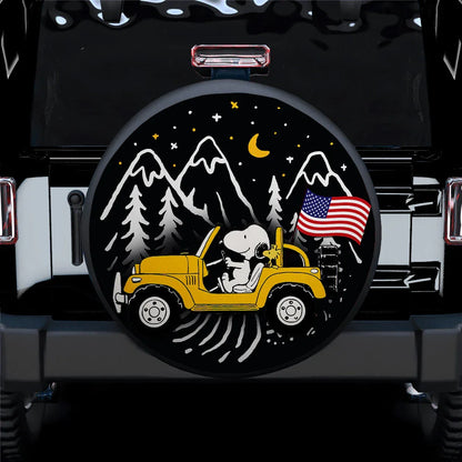 Snoopy Yellow Jeep US Flag Mountain Car Leather Spare Tire Cover - PersonalizedFury