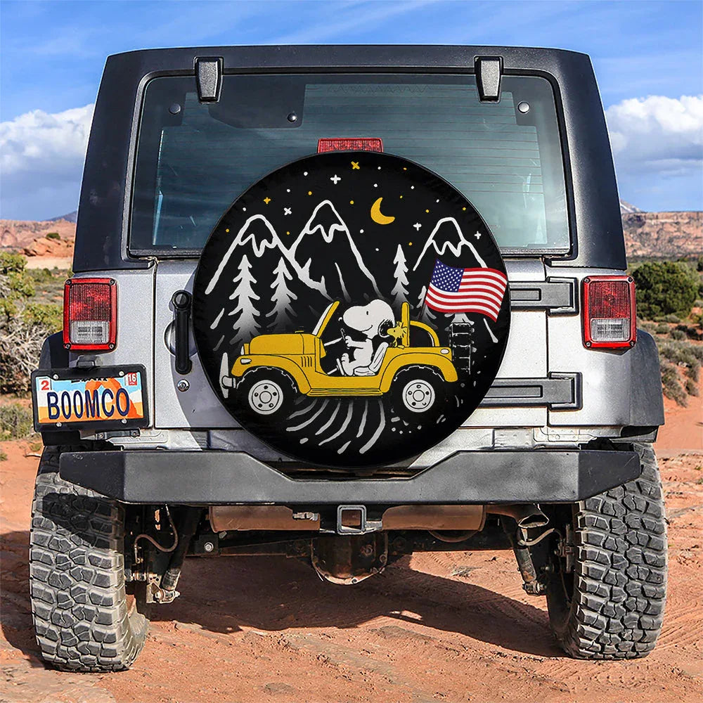Snoopy Yellow Jeep US Flag Mountain Car Leather Spare Tire Cover - PersonalizedFury