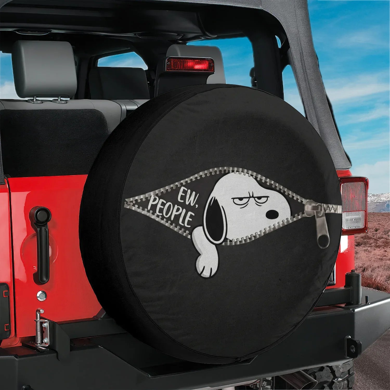 Snoopy Jeep Leather Spare Tire Cover – Ew People Cartoon Design - PersonalizedFury