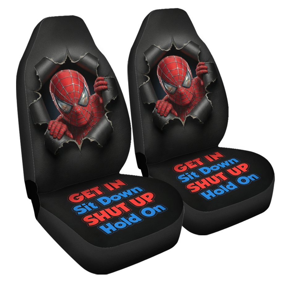 Two black car seat covers with Spider-Man design and text on a white background
