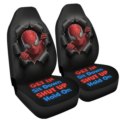 Two black car seat covers with Spider-Man design and text on a white background