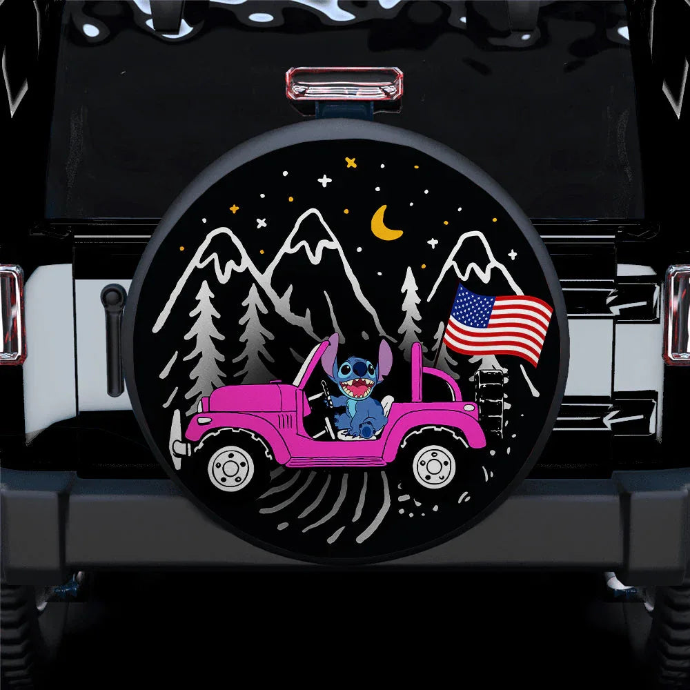 Stitch American Flag Ride Jeep Starry Night Pink Car Leather Spare Tire Cover - PersonalizedFury