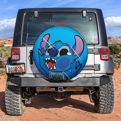 Stitch Funny Hitting Glass Car Spare Tire Cover