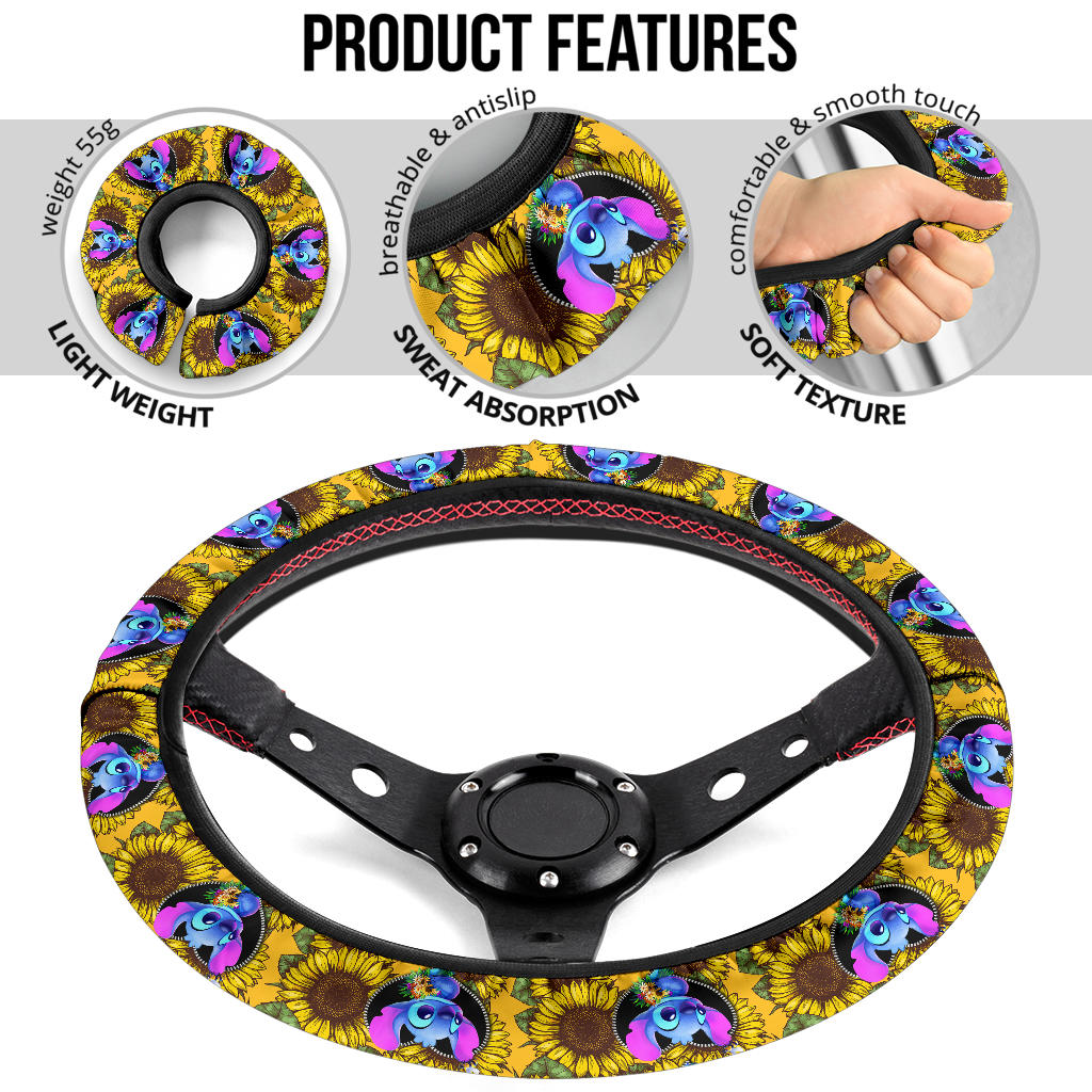 Stitch Sunflower Car Steering Wheel Cover