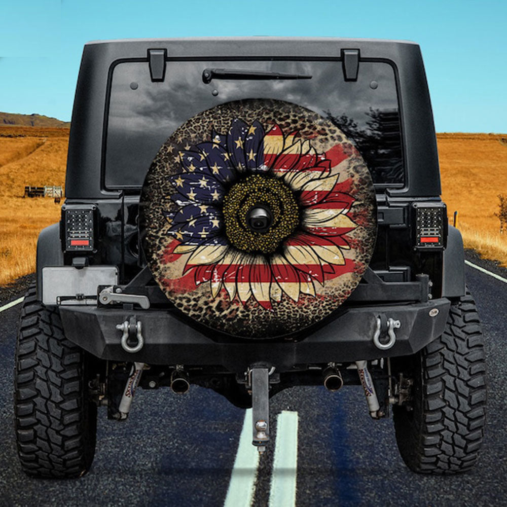 Sunflower America Flag Jeep Car Spare Tire Cover