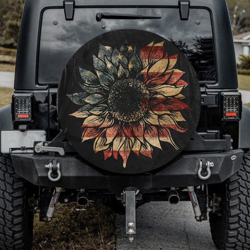 Sunflower American Flag Art Jeep Car Spare Tire Cover