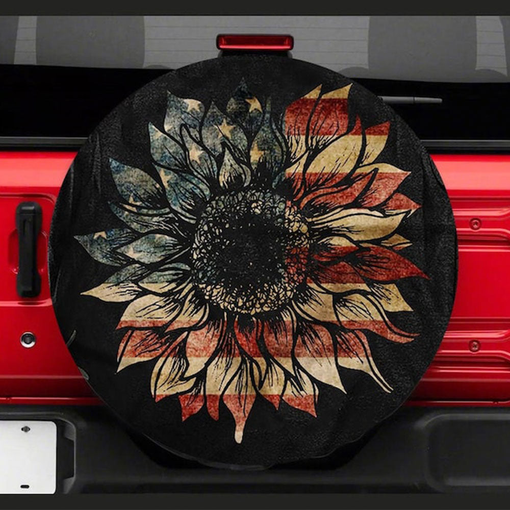 Sunflower American Flag Art Jeep Car Spare Tire Cover