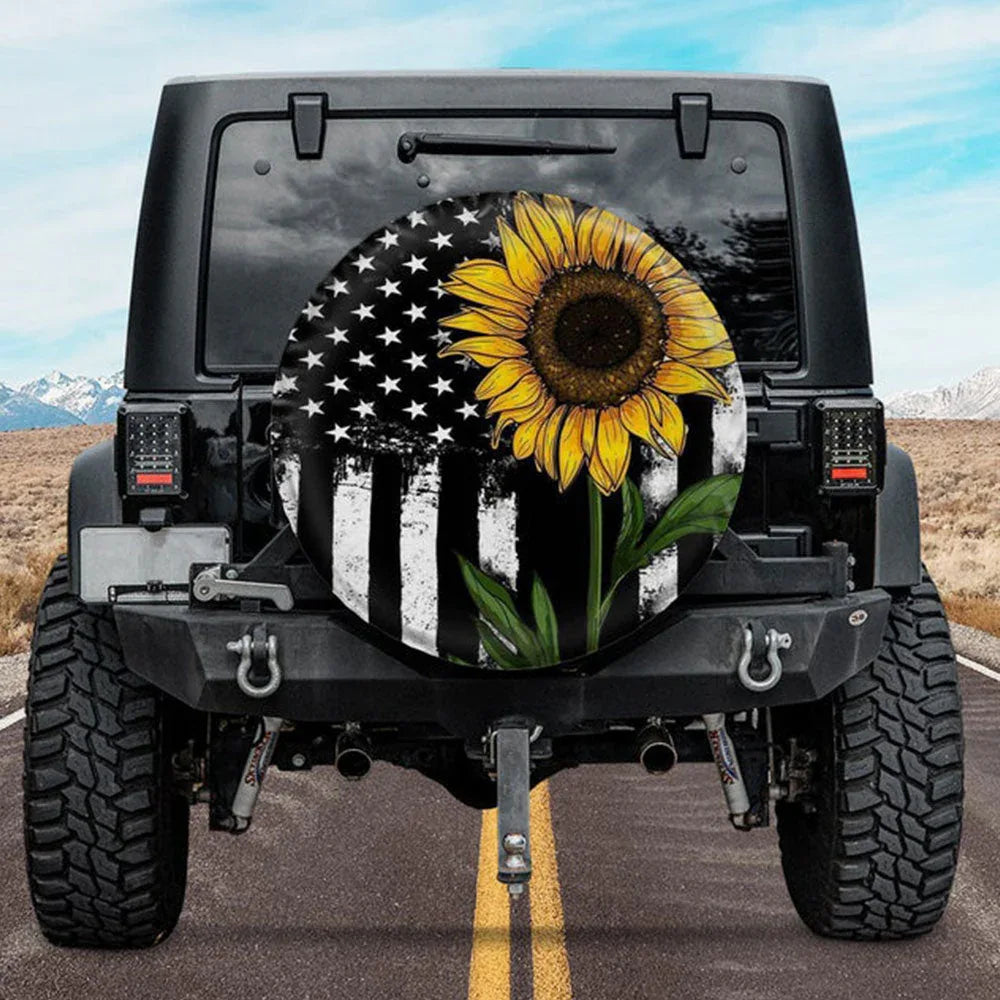 Sunflower American Flag Custom Jeep Car Spare Tire Cover