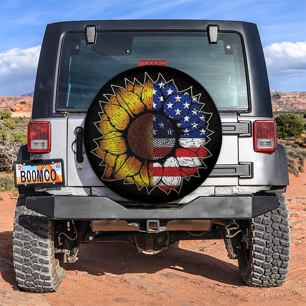 Sunflower American Flag Holiday Car Spare Tire Cover