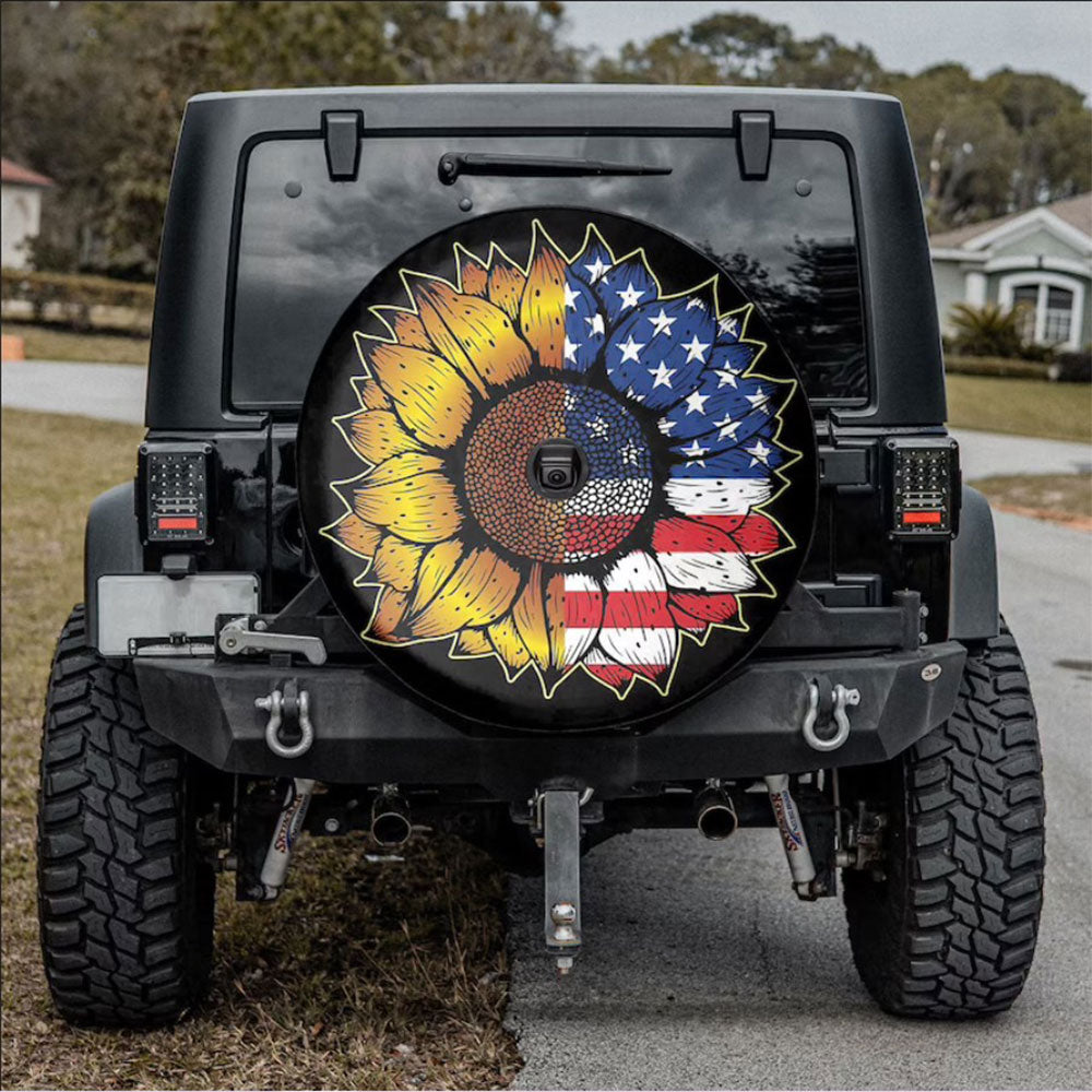 Sunflower American Flag Holiday Car Spare Tire Cover