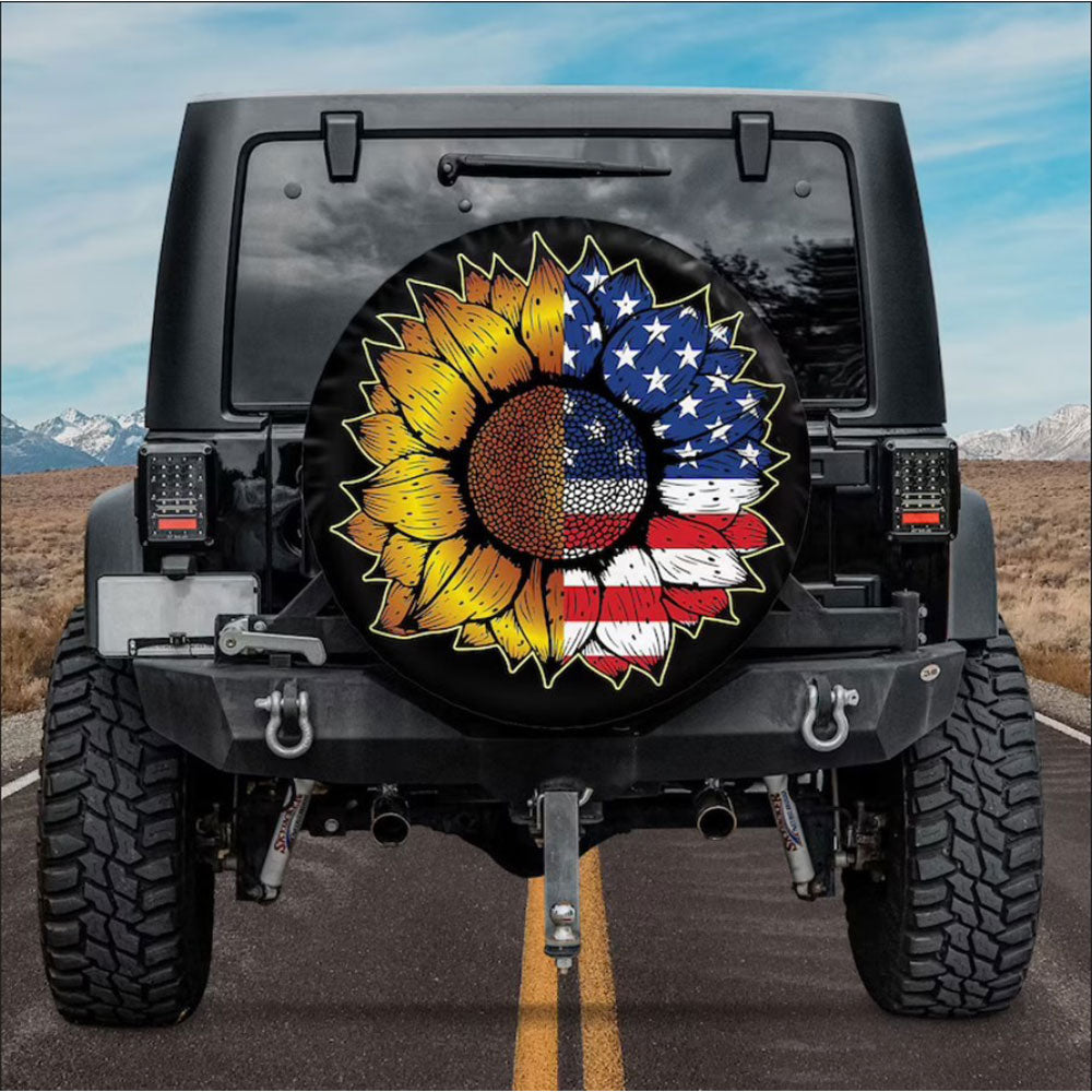 Sunflower American Flag Holiday Car Spare Tire Cover