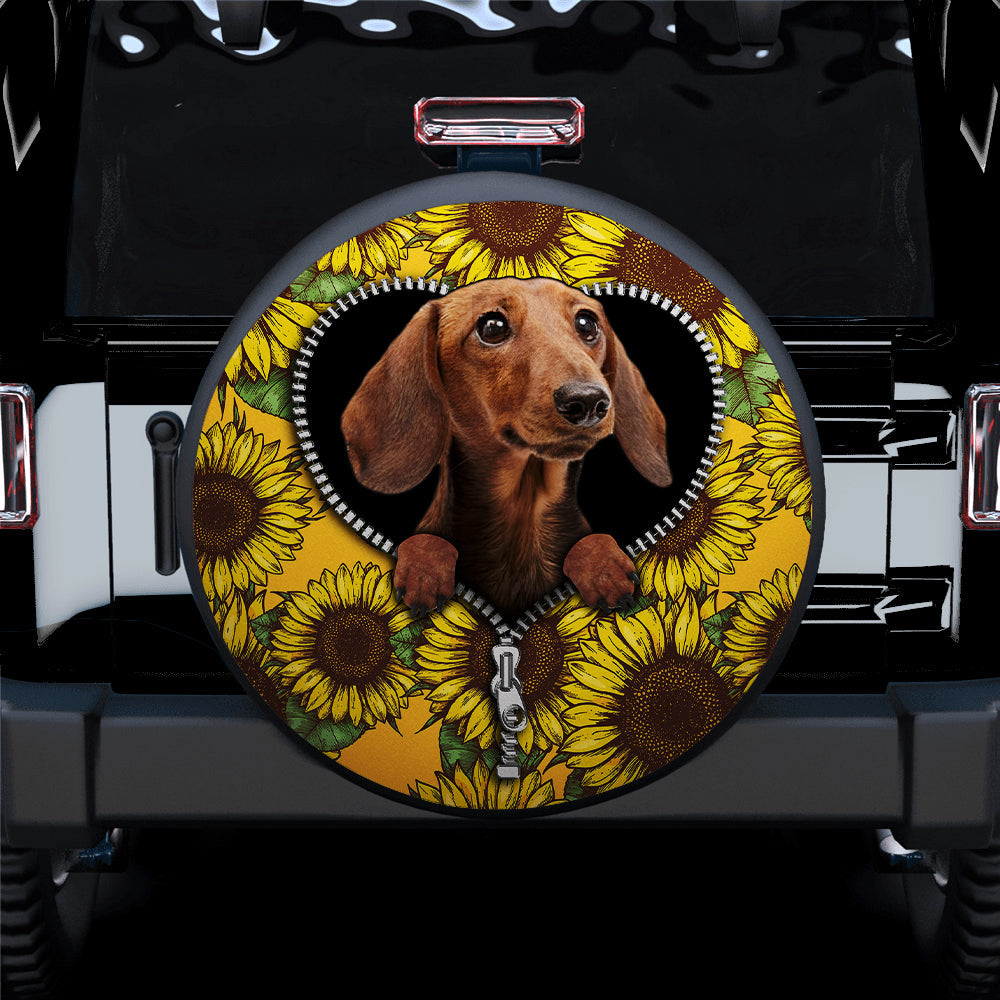 Sunflower Brown Dachshund Zipper Car Spare Tire Cover