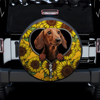 Sunflower Brown Dachshund Zipper Car Spare Tire Cover