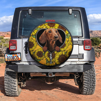 Sunflower Brown Dachshund Zipper Car Spare Tire Cover