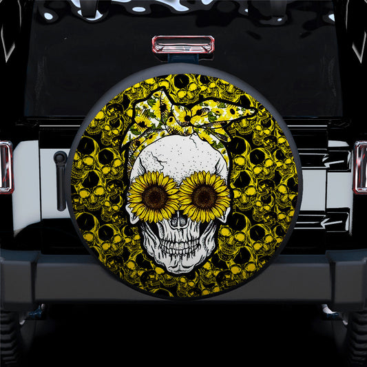 Sunflower Girl Skull Hippie Car Spare Tire Cover