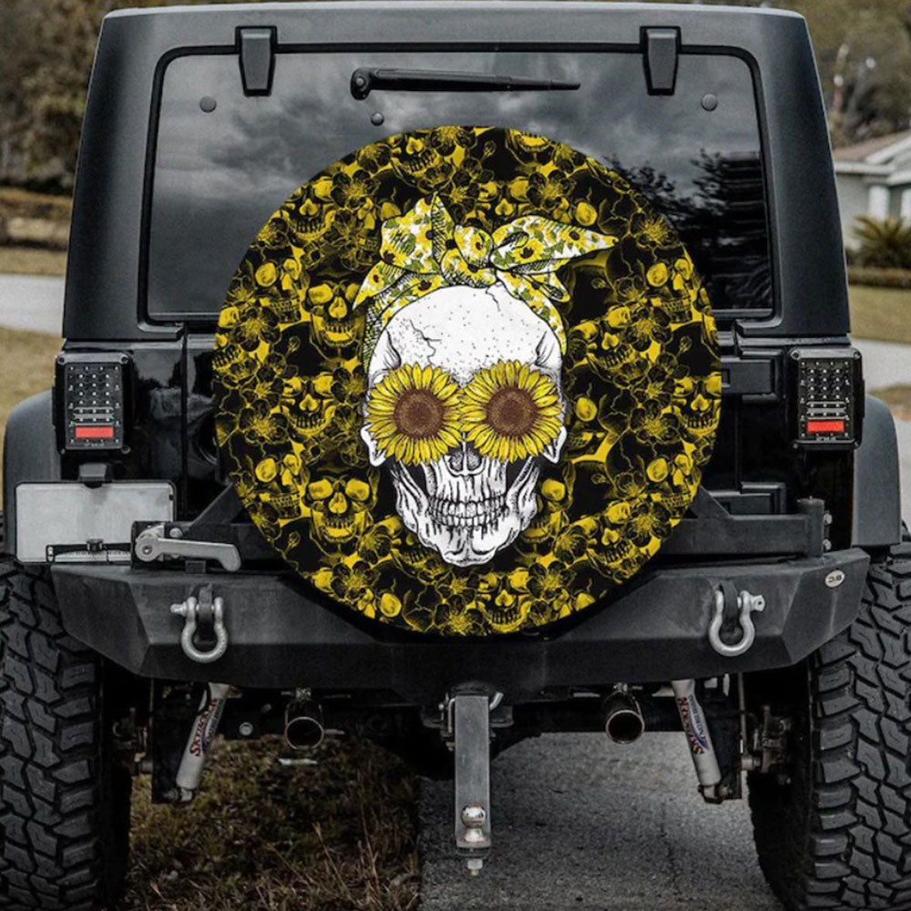 Sunflower Girl Skull Hippie Car Spare Tire Cover