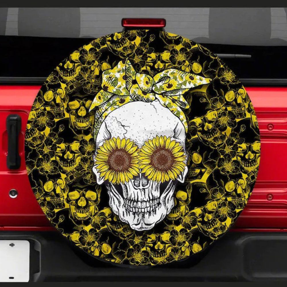 Sunflower Girl Skull Hippie Car Spare Tire Cover
