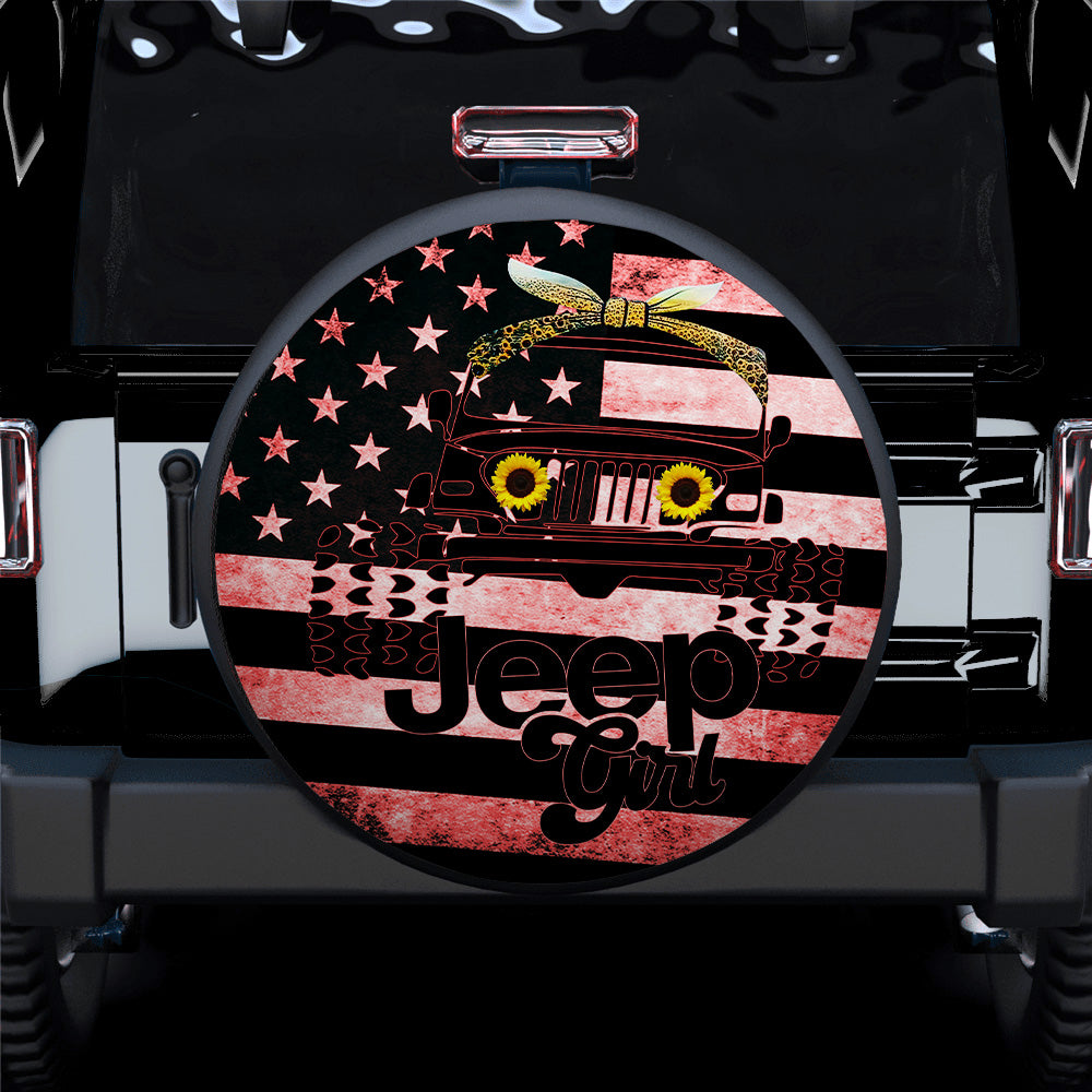 Sunflower Jeep Girl American Flag Car Spare Tire Cover