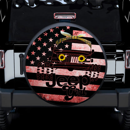 Sunflower Jeep Girl American Flag Car Spare Tire Cover