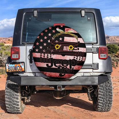 Sunflower Jeep Girl American Flag Car Spare Tire Cover