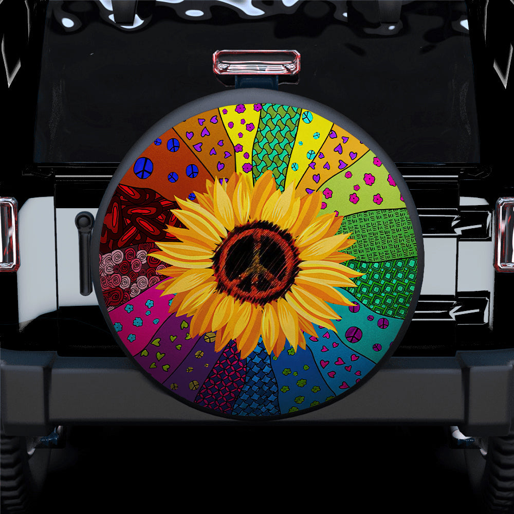 Sunflower Peace Sign, Vintage Hippie Art Car Spare Tire Cover
