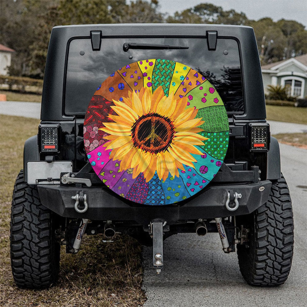 Sunflower Peace Sign, Vintage Hippie Art Car Spare Tire Cover