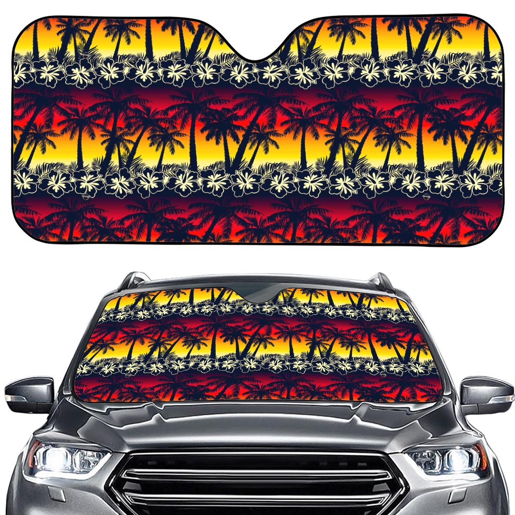 Sunset Hibiscus Palm Tree Pattern Print Car Windshield Sun Shade