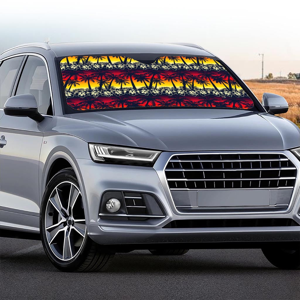 Sunset Hibiscus Palm Tree Pattern Print Car Windshield Sun Shade