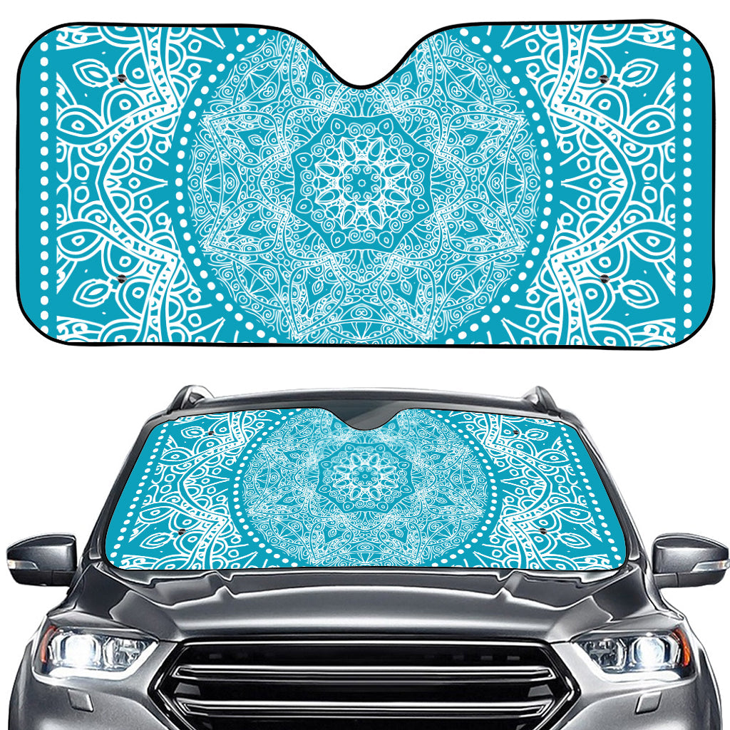 Teal And White Mandala Print Car Windshield Sun Shade