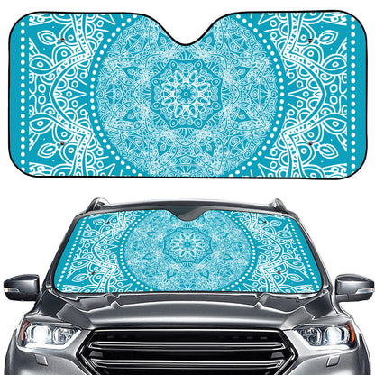 Teal And White Mandala Print Car Windshield Sun Shade