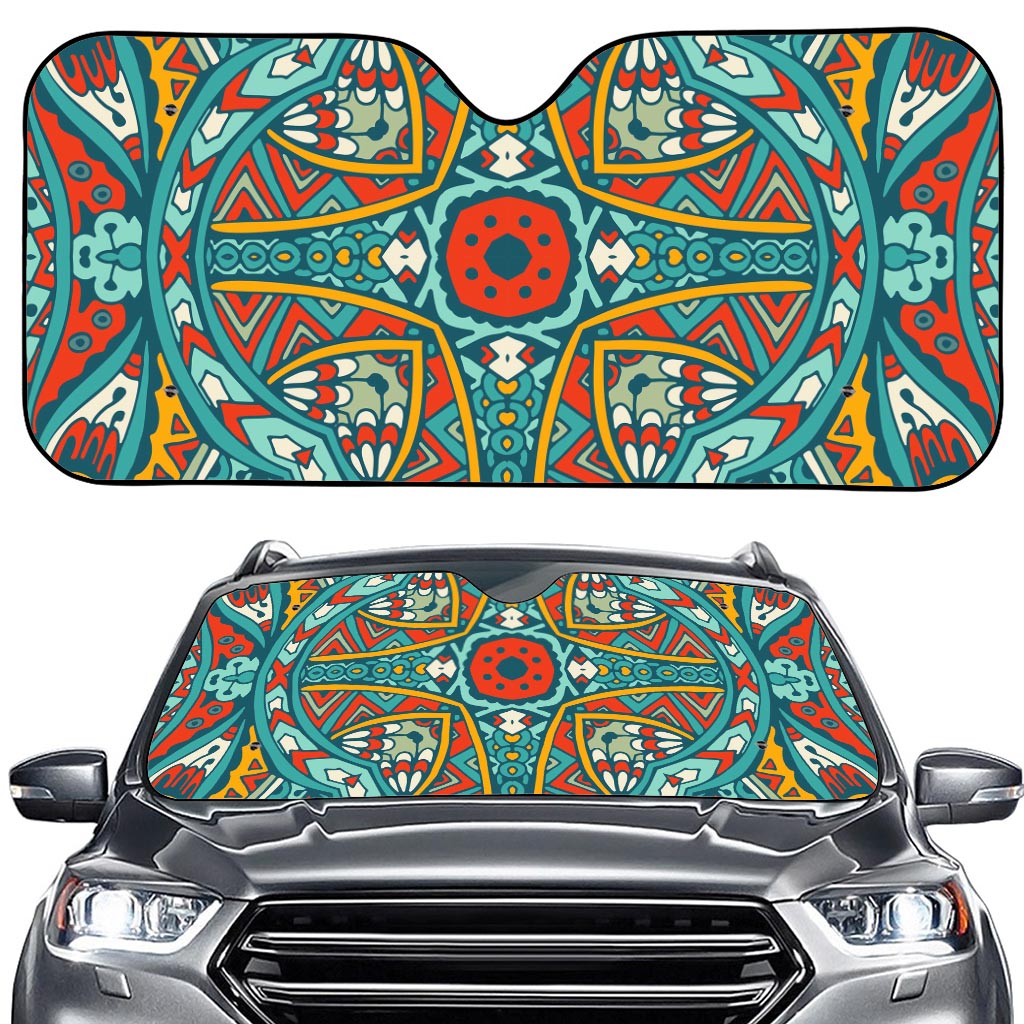 Teal Bohemian Mandala Pattern Print Car Windshield Sun Shade