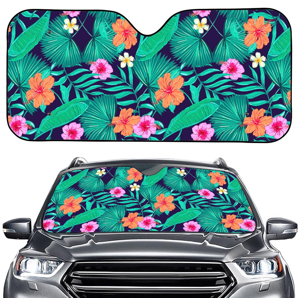 Teal Hawaiian Leaf Flower Pattern Print Car Windshield Sun Shade