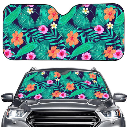 Teal Hawaiian Leaf Flower Pattern Print Car Windshield Sun Shade