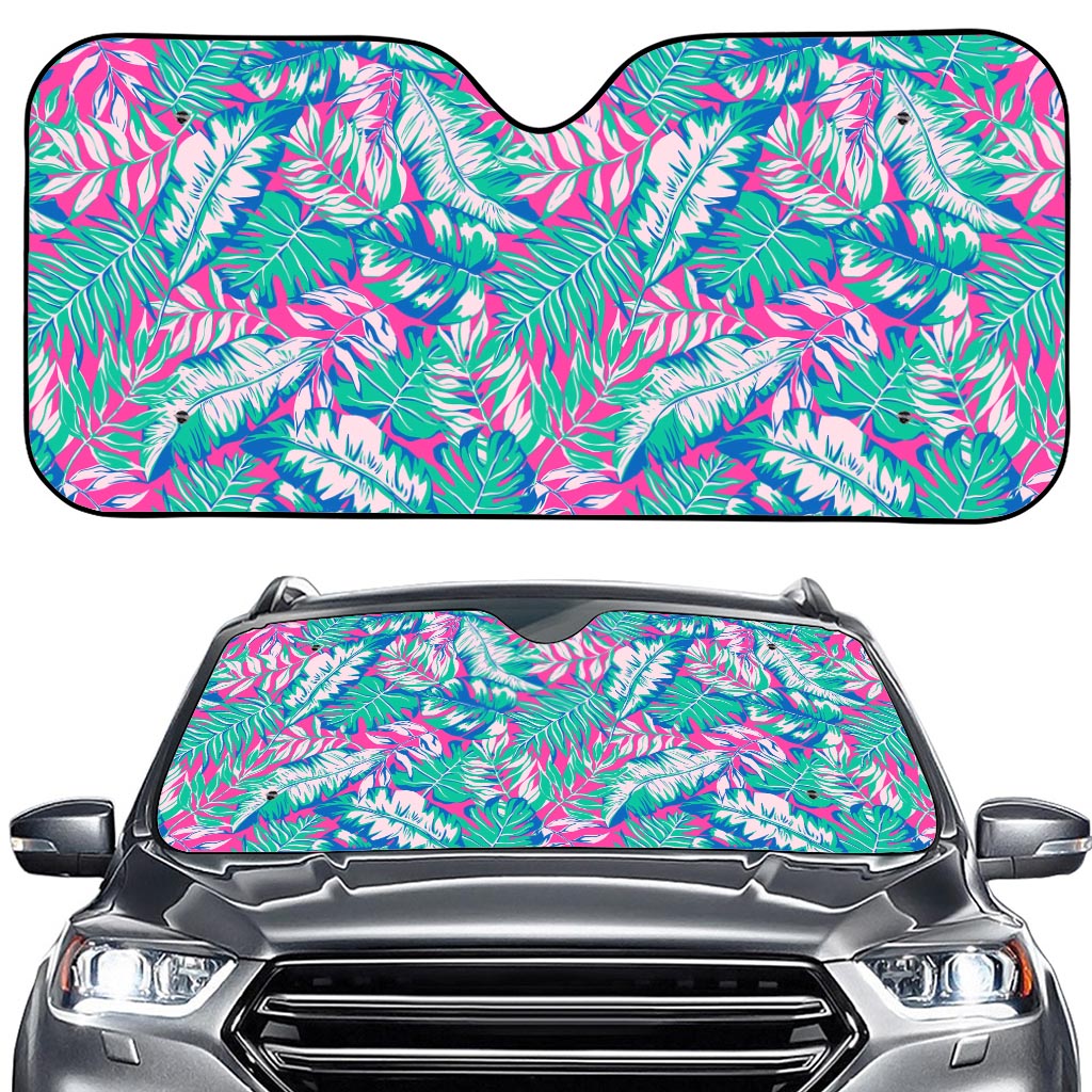 Teal Pink Blossom Tropical Pattern Print Car Windshield Sun Shade