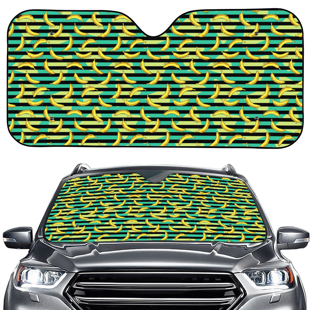 Teal Striped Banana Pattern Print Car Windshield Sun Shade