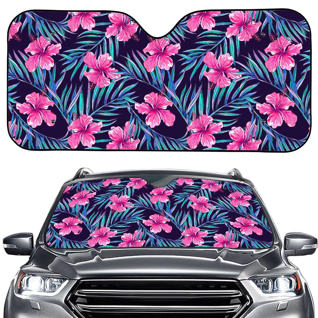 Teal Tropical Hibiscus Pattern Print Car Windshield Sun Shade