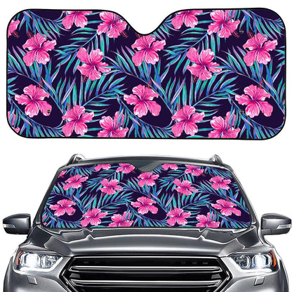 Teal Tropical Hibiscus Pattern Print Car Windshield Sun Shade