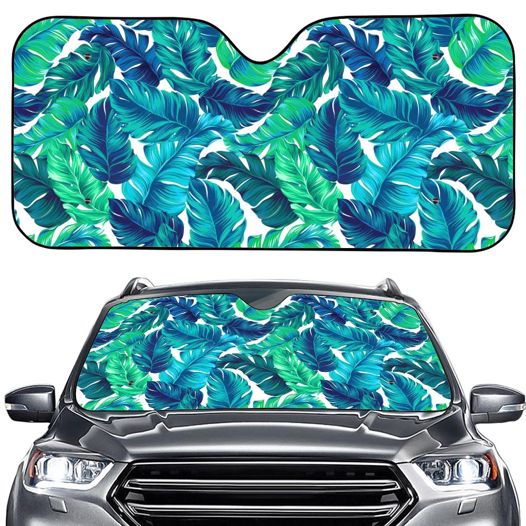 Teal Tropical Leaf Pattern Print Car Windshield Sun Shade
