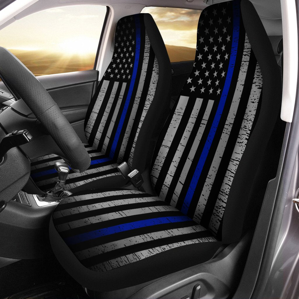 The Thin Blue Line Car Seat Covers Custom American Flag Car Accessories Meaningful For Police Dad
