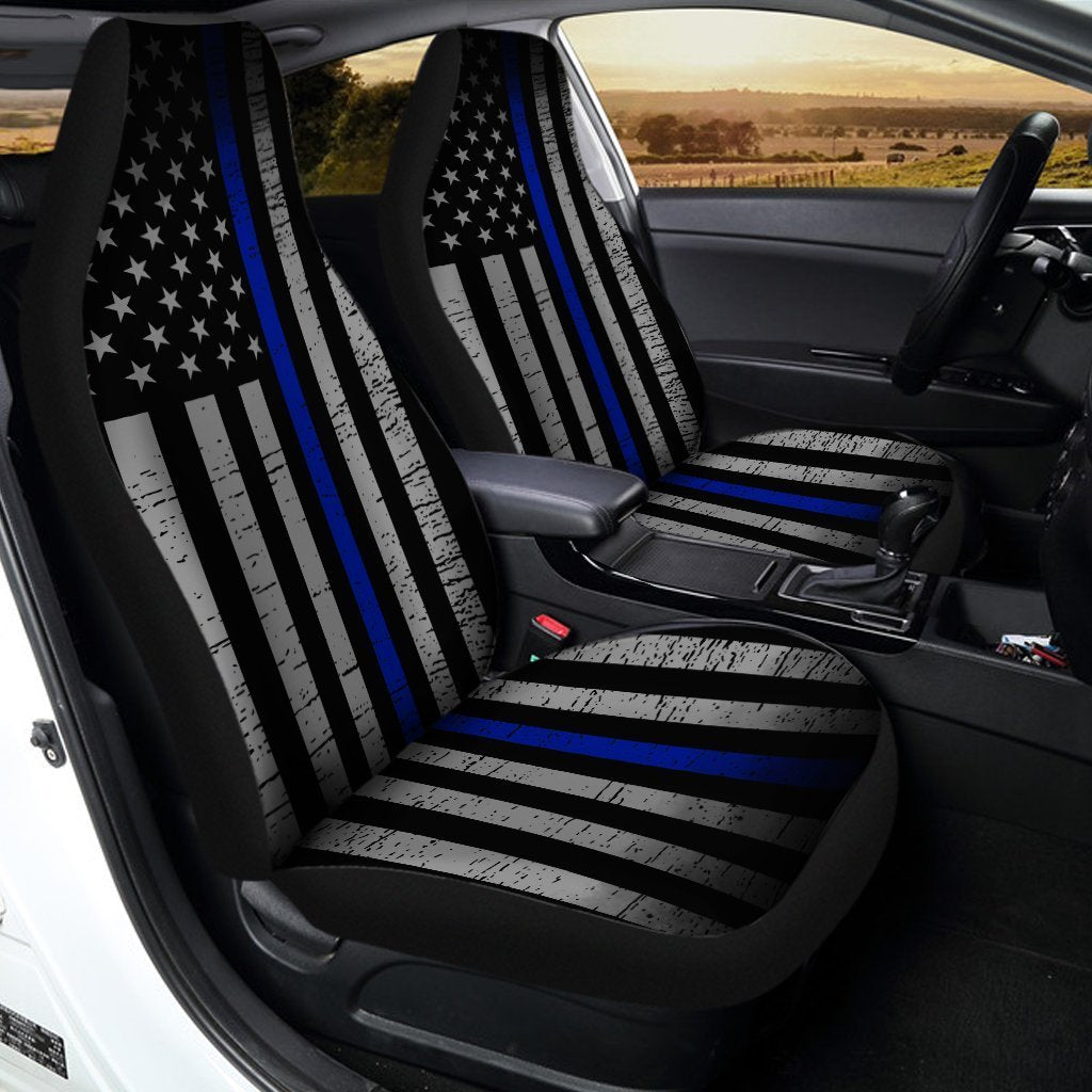 The Thin Blue Line Car Seat Covers Custom American Flag Car Accessories Meaningful For Police Dad