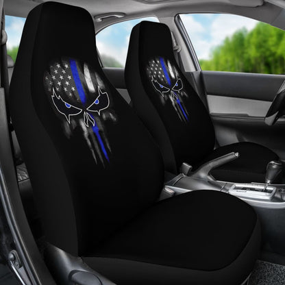 Thin Blue Line Punisher Skull - Car Seat Covers - Type 2 (Set Of 2) Universal Fit 215521